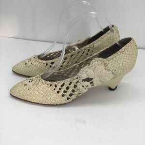 Vintage Claudio Merazzi Lace Woven Leather Heel Made In Italy Creme Size 9B